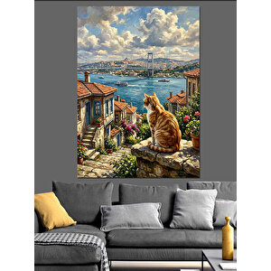 Boğaz Manzaralı Balkonda Oturan Kedi Dekoratif Kanvas - Mdf Ahşap Tablo 50x70 cm