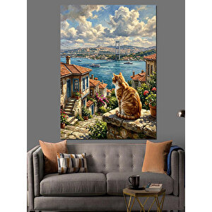 Boğaz Manzaralı Balkonda Oturan Kedi Dekoratif Kanvas - Mdf Ahşap Tablo 50x70 cm