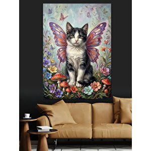 Kelebek Kanatlı Sevimli Kedi Portresi Dekoratif Kanvas - Mdf Ahşap Tablo 70x100 cm