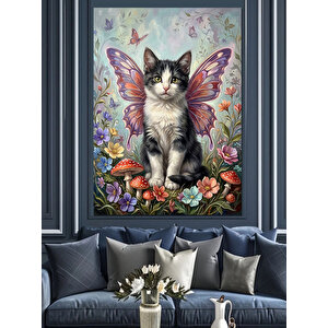 Kelebek Kanatlı Sevimli Kedi Portresi Dekoratif Kanvas - Mdf Ahşap Tablo 70x100 cm