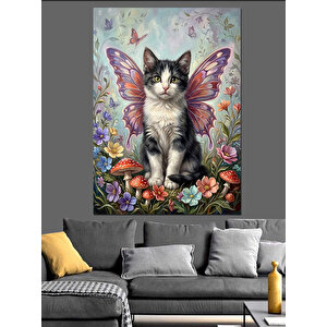 Kelebek Kanatlı Sevimli Kedi Portresi Dekoratif Kanvas - Mdf Ahşap Tablo 70x100 cm