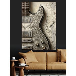 Desenli Gümüş Gövdeli Elektro Gitar Dekoratif Kanvas - Mdf Ahşap Tablo 50x70 cm