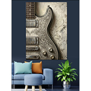 Desenli Gümüş Gövdeli Elektro Gitar Dekoratif Kanvas - Mdf Ahşap Tablo 100x140 cm