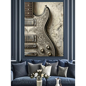 Desenli Gümüş Gövdeli Elektro Gitar Dekoratif Kanvas - Mdf Ahşap Tablo 100x140 cm