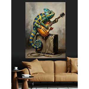 Gitar Çalan Renkli Bukalemun İllüstrasyonu Dekoratif Kanvas - Mdf Ahşap Tablo 50x70 cm