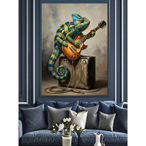 Gitar Çalan Renkli Bukalemun İllüstrasyonu Dekoratif Kanvas - Mdf Ahşap Tablo 50x70 cm