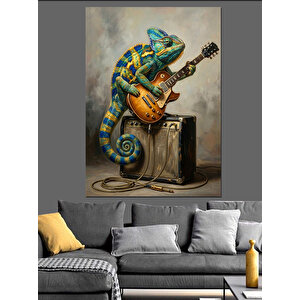 Gitar Çalan Renkli Bukalemun İllüstrasyonu Dekoratif Kanvas - Mdf Ahşap Tablo 50x70 cm