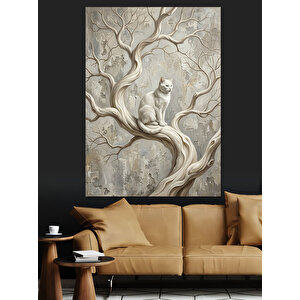 Beyaz Ağaçta Oturan Beyaz Kedi Dekoratif Kanvas - Mdf Ahşap Tablo 100x140 cm