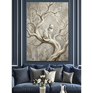 Beyaz Ağaçta Oturan Beyaz Kedi Dekoratif Kanvas - Mdf Ahşap Tablo 100x140 cm