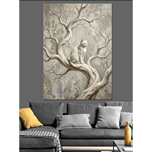 Beyaz Ağaçta Oturan Beyaz Kedi Dekoratif Kanvas - Mdf Ahşap Tablo 100x140 cm