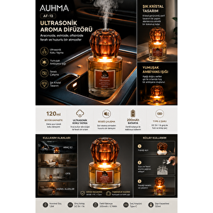 Auhma Af-13 120ml Şarjlı Ultrasonik Araç Koku Difüzörü Sarı Ambiyans Işıklı Ebony Esans Aroma Yayıcı