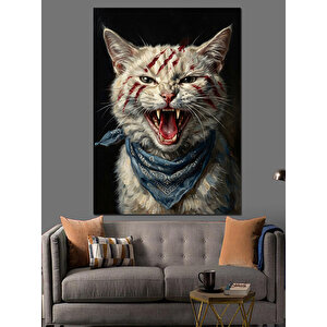Diş Gösteren Kızgın Kedi Portresi Dekoratif Kanvas - Mdf Ahşap Tablo 70x100 cm
