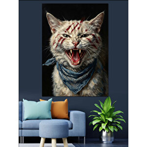 Diş Gösteren Kızgın Kedi Portresi Dekoratif Kanvas - Mdf Ahşap Tablo 70x100 cm