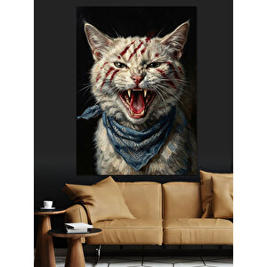 Diş Gösteren Kızgın Kedi Portresi Dekoratif Kanvas - Mdf Ahşap Tablo 70x100 cm