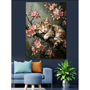 Çiçekli Dalda Uyuyan Sevimli Kedi Dekoratif Kanvas - Mdf Ahşap Tablo 50x70 cm