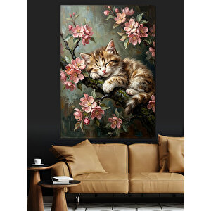 Çiçekli Dalda Uyuyan Sevimli Kedi Dekoratif Kanvas - Mdf Ahşap Tablo 50x70 cm