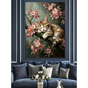 Çiçekli Dalda Uyuyan Sevimli Kedi Dekoratif Kanvas - Mdf Ahşap Tablo 50x70 cm