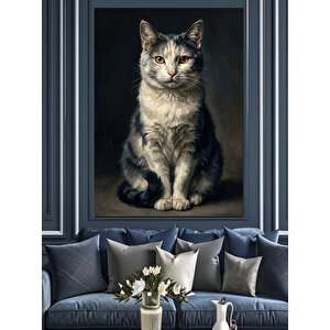 Oturan Gri Beyaz Kedi Dekoratif Kanvas - Mdf Ahşap Tablo 100x140 cm