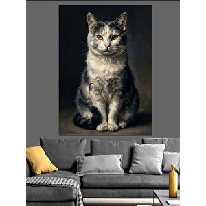 Oturan Gri Beyaz Kedi Dekoratif Kanvas - Mdf Ahşap Tablo 100x140 cm