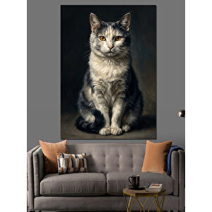 Oturan Gri Beyaz Kedi Dekoratif Kanvas - Mdf Ahşap Tablo 100x140 cm