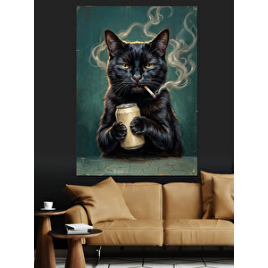Bira İçen Sigaralı Siyah Kedi Dekoratif Kanvas - Mdf Ahşap Tablo 50x70 cm