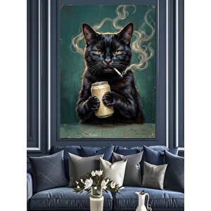 Bira İçen Sigaralı Siyah Kedi Dekoratif Kanvas - Mdf Ahşap Tablo 50x70 cm
