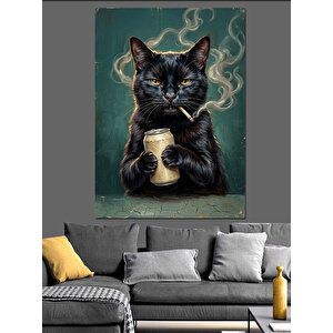 Bira İçen Sigaralı Siyah Kedi Dekoratif Kanvas - Mdf Ahşap Tablo 50x70 cm