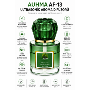 Auhma Af-13 120ml Şarjlı Ultrasonik Araç Koku Difüzörü Yeşil Ambiyans Işıklı Mingdao Esans Aroma Yayıcı