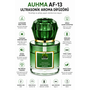 Auhma Af-13 120ml Şarjlı Ultrasonik Araç Koku Difüzörü Yeşil Ambiyans Işıklı Ebony Esans Aroma Yayıcı