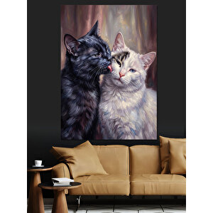 Birbirini Yalayan Sevimli Kedi Çifti Dekoratif Kanvas - Mdf Ahşap Tablo 100x140 cm