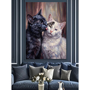 Birbirini Yalayan Sevimli Kedi Çifti Dekoratif Kanvas - Mdf Ahşap Tablo 100x140 cm