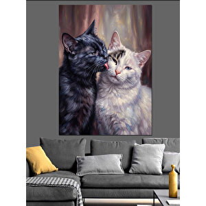 Birbirini Yalayan Sevimli Kedi Çifti Dekoratif Kanvas - Mdf Ahşap Tablo 100x140 cm