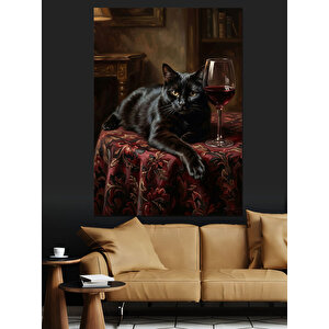 Masada Şarap Yanında Yatan Kedi Dekoratif Kanvas - Mdf Ahşap Tablo 100x140 cm