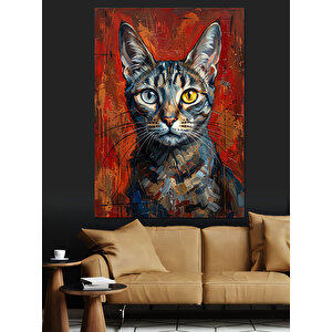 Portre Tarzında Renkli Kedi Yüzü Dekoratif Kanvas - Mdf Ahşap Tablo 70x100 cm