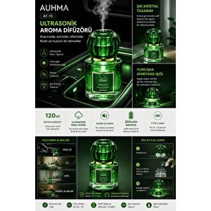 Auhma Af-13 120ml Şarjlı Ultrasonik Araç Koku Difüzörü Yeşil Ambiyans Işıklı Blue Tea Esans Aroma Yayıcı