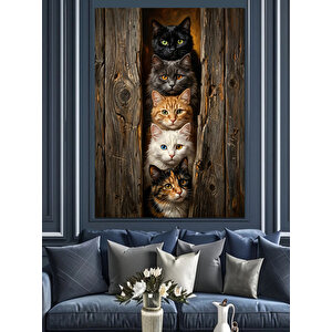 Ahşap Kapı Arasından Bakan Kediler Dekoratif Kanvas - Mdf Ahşap Tablo 100x140 cm