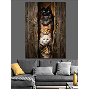 Ahşap Kapı Arasından Bakan Kediler Dekoratif Kanvas - Mdf Ahşap Tablo 100x140 cm