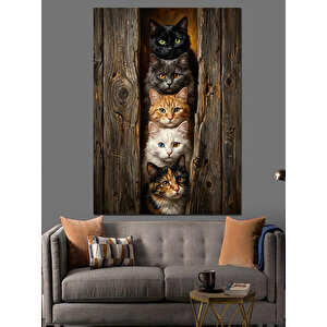 Ahşap Kapı Arasından Bakan Kediler Dekoratif Kanvas - Mdf Ahşap Tablo 100x140 cm