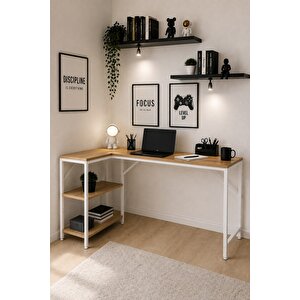 Çam/beyaz L Masa, Kitaplıklı, Raflı, 120 Cm Çalışma Masası, Bilgisayar, Pc, Oyuncu, Gaming Masası Metal Ayaklı