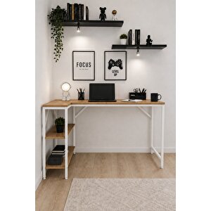 Çam/beyaz L Masa, Kitaplıklı, Raflı, 120 Cm Çalışma Masası, Bilgisayar, Pc, Oyuncu, Gaming Masası Metal Ayaklı