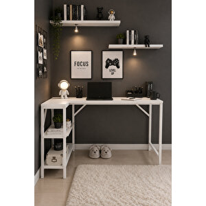 Beyaz L Masa, Kitaplıklı, Raflı, 120 Cm Çalışma Masası, Bilgisayar, Pc, Oyuncu, Gaming Masası Metal Ayaklı