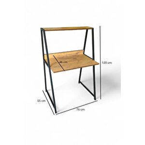 Çam Rengi Metal Ayaklı, Raflı Çalışma Masası, Bilgisayar Masası, Ofis Masası