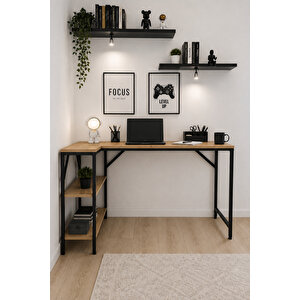 Çam/siyah L Masa, Kitaplıklı, Raflı, 120 Cm Çalışma Masası, Bilgisayar, Pc, Oyuncu, Gaming Masası Metal Ayaklı