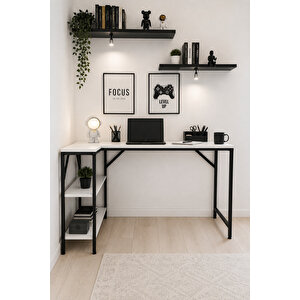 Beyaz/siyah L Masa, Kitaplıklı, Raflı, 120 Cm Çalışma Masası, Bilgisayar, Pc, Oyuncu, Gaming Masası Metal Ayaklı