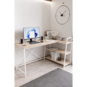 Merkür Renk Raflı Çift Yöne Uygun, Bilgisayar Masası, Ofis Masası, Çizim Masası, L Masa