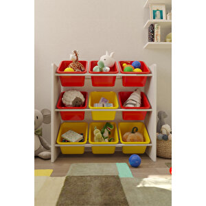 9 Sepetli Kırmızı Ve Sarı Oyuncak Dolabı, Çok Amaçlı Dolap, Montessori Dolap