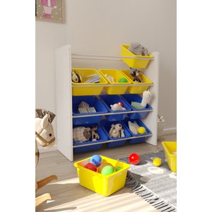12 Sepetli Sarı Ve Mavi Oyuncak Dolabı, Çok Amaçlı Dolap, Montessori Dolap