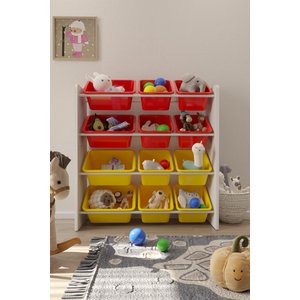 12 Sepetli Kırmızı Ve Sarı Oyuncak Dolabı, Çok Amaçlı Dolap, Montessori Dolap