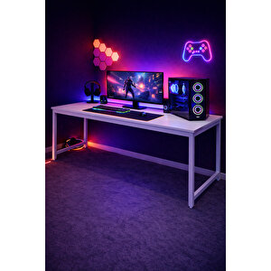 Beyaz Oyuncu Masası 160x60, Bilgisayar Masası, Gamer Masası, Gaming Masa, Metal Ayaklı