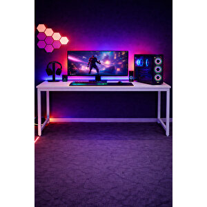 Beyaz Oyuncu Masası 160x60, Bilgisayar Masası, Gamer Masası, Gaming Masa, Metal Ayaklı